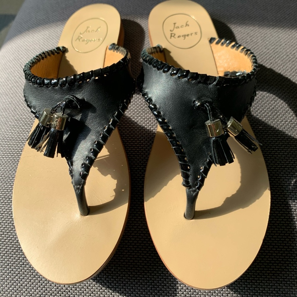 Jack Rogers black tassel sandals sz 8